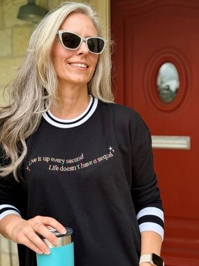 NEW Jadelynn Brooke Black Embroidered Inspirational Sweatshirt Striped Trim